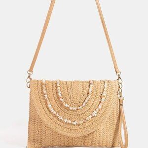 NWT Fame Shell Beaded Accent Paper Woven‎ Envelope Clutch Bag